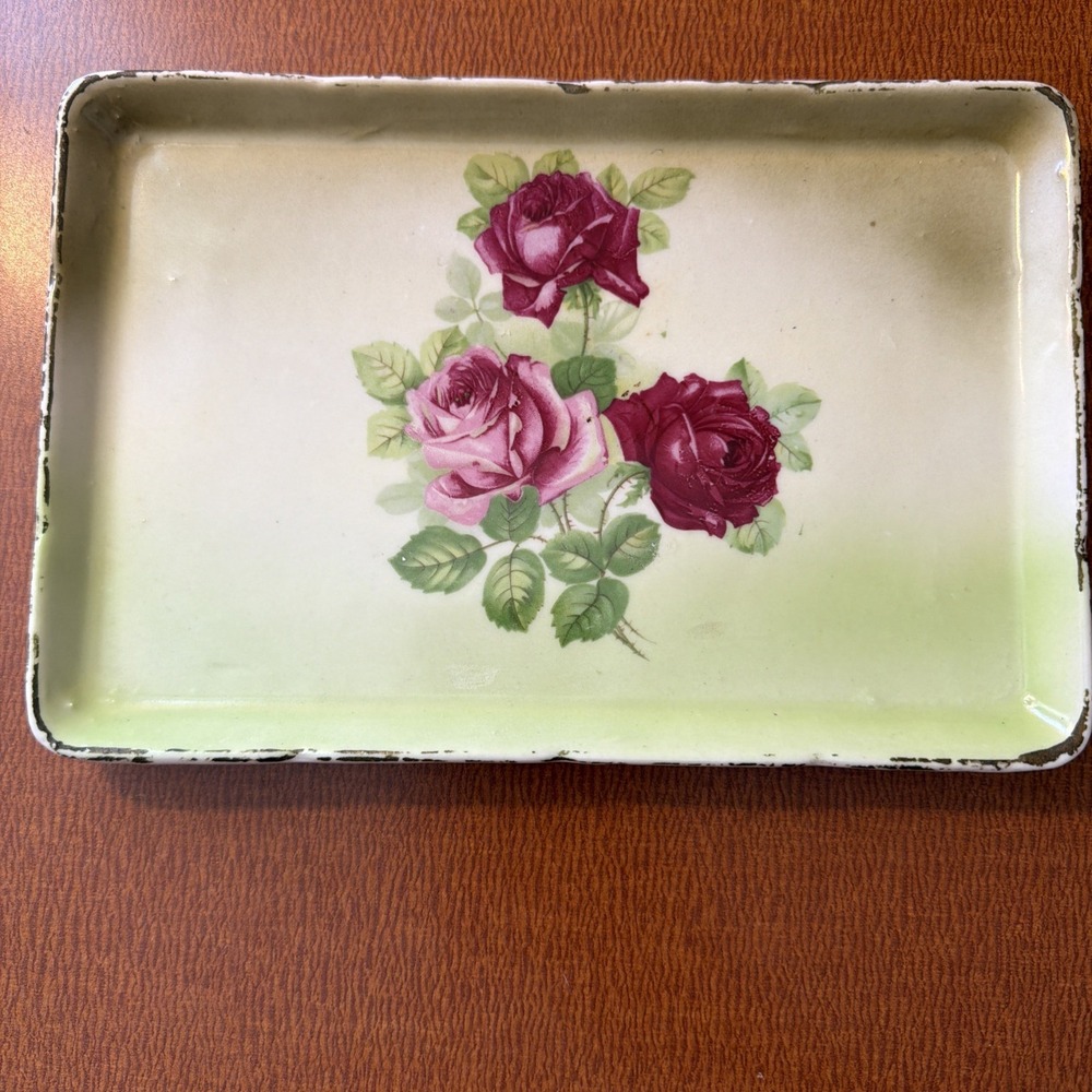 Vtg Painted Vanity Tray From Austria Pink Roses Gold Trim 8.5" By 6"